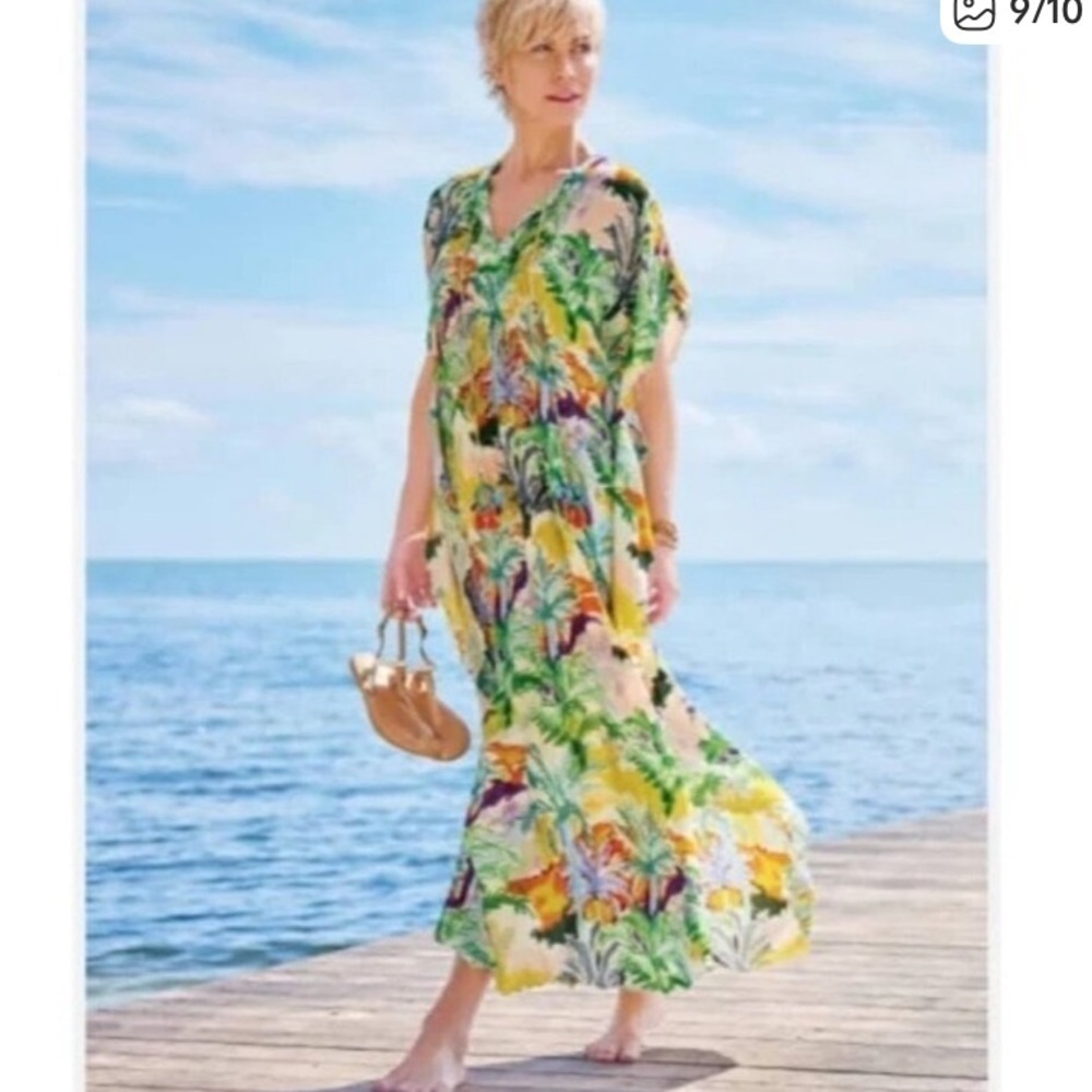 Soft Surroundings | Tropical print and beaded kaftan Size S/M